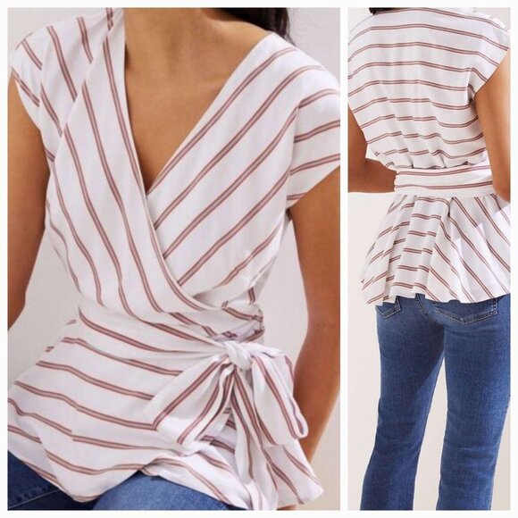 LOFT Surplice V-Neck Tie-Waist Peplum Top - White/Red Stripes, Size XS - Picture 1 of 16